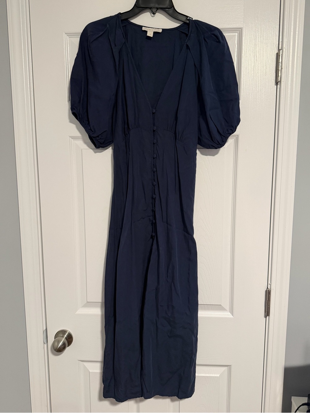 Chelsea & Violet Navy Puff-Sleeve Button-Front Midi Dress
